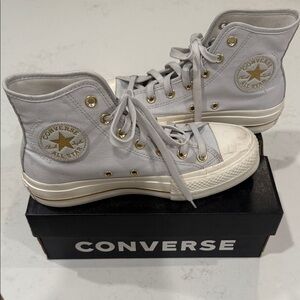 Converse High-Tops in Light Gray with Gold Accents-platform heels-Size 7 Women’s